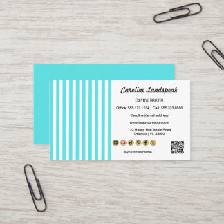 Teal White Stripes & QR Code & Social Media Icons Visitekaartje