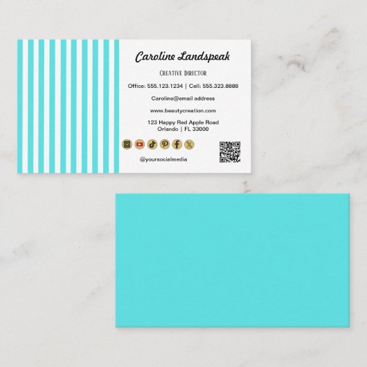 Teal White Stripes & QR Code & Social Media Icons Visitekaartje (Voorkant / Achterkant)