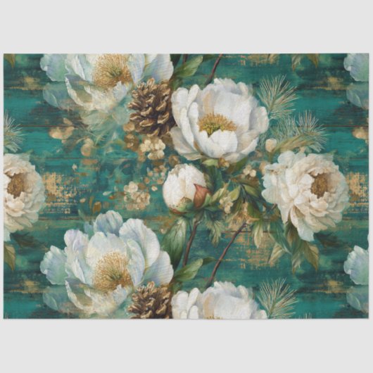 Teal Winter Peony Seamless Decoupage Tissuepapier (Voorkant)