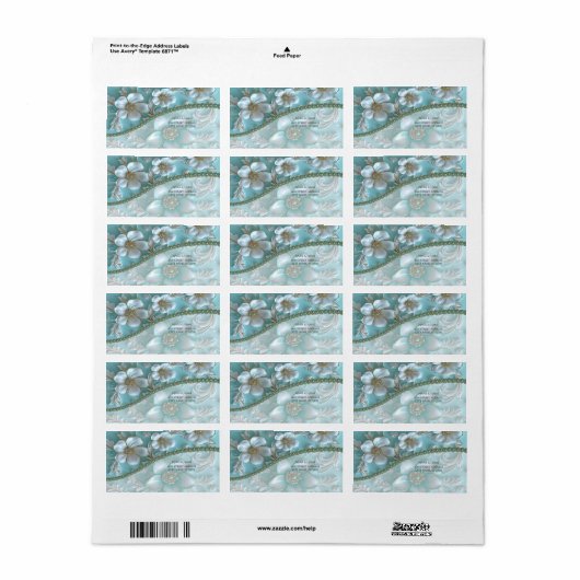 Teal Witte Bloem Adreslabel Etiket (Full Sheet)