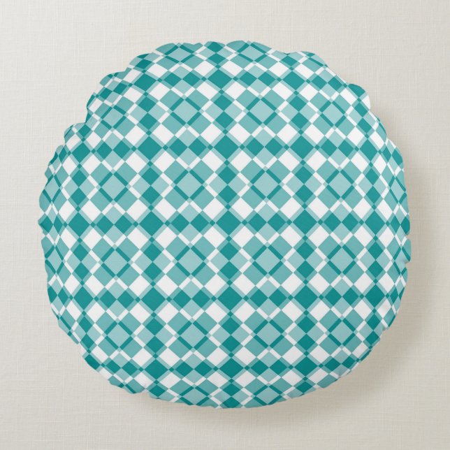Teal Witte Geruite Argyle Patroon Rond Kussen (Voorkant)