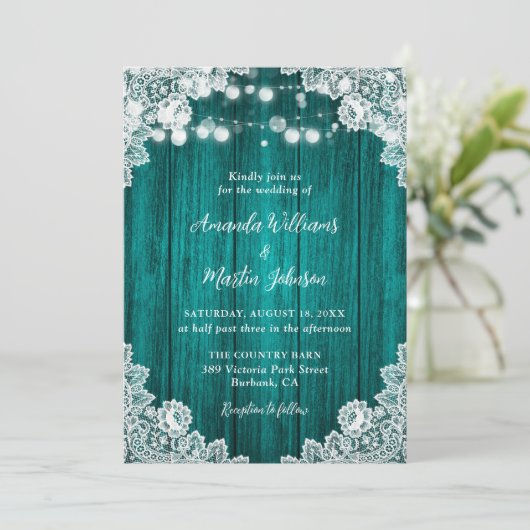 Teal Wood Floral Lace String Lights Rustic Wedding Kaart (Staand voorkant)