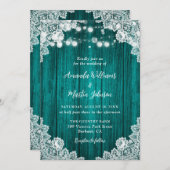 Teal Wood Floral Lace String Lights Rustic Wedding Kaart (Voorkant / Achterkant)