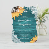 Teal Wood Lace String Lights Sunflower Wedding Kaart (Staand voorkant)