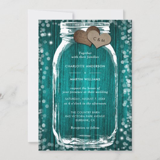 Teal Wood Mason Jar Rustic Fall Wedding Kaart (Voorkant)