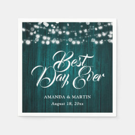 Teal Wood String Lights Rustic Wedding Servet