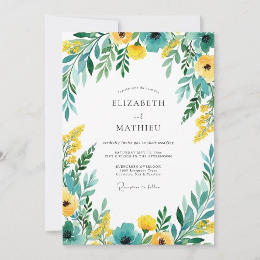 Teal Yellow Blooming Romance Wedding Kaart (Voorkant)