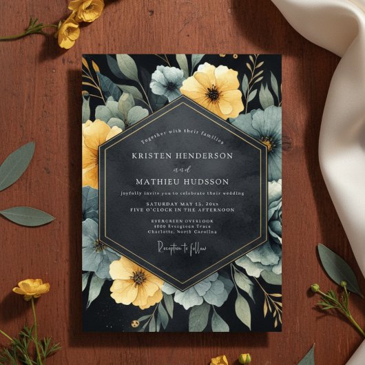 Teal Yellow Botanical Romance Wedding Kaart