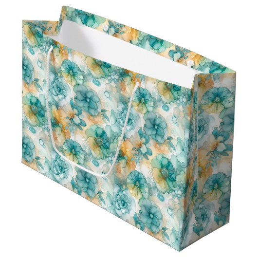 Teal Yellow Floral Alcohol Ink Style Pattern Groot Cadeauzakje (Voorkant Gekanteld)