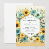 Teal Yellow Floral Bloom Wedding Kaart (Voorkant / Achterkant)