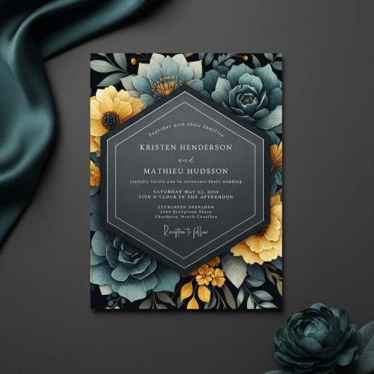 Teal Yellow Floral Bloom Wedding Kaart