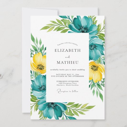 Teal Yellow Floral Spring Wedding Kaart (Voorkant)