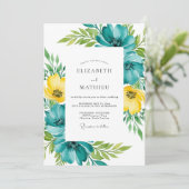 Teal Yellow Floral Spring Wedding Kaart (Staand voorkant)
