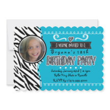 Teal & Zebra Meisjes Verjaardag Foto Uitnodigingen