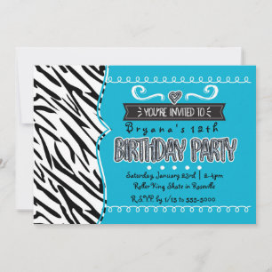 Teal & Zebra Meisjes Verjaardagsfeest Uitnodiginge Kaart