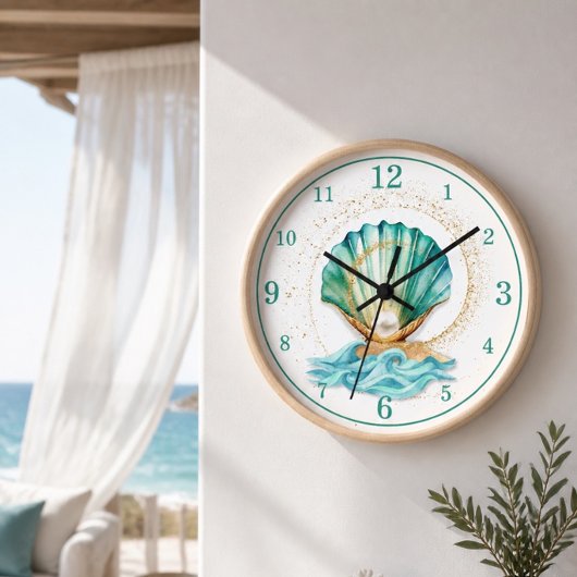 Teal Zeeschelp en Parel Wandklok