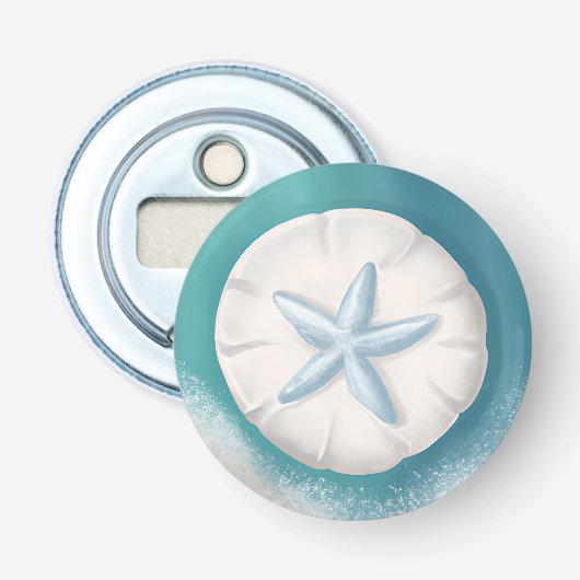 Teal Zeester en Zanddollar Strand-achtig  Button Flesopener (Voorkant)