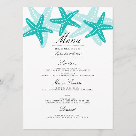 Teal Zeester Strand Bruiloft Diner Menu (Voorkant)