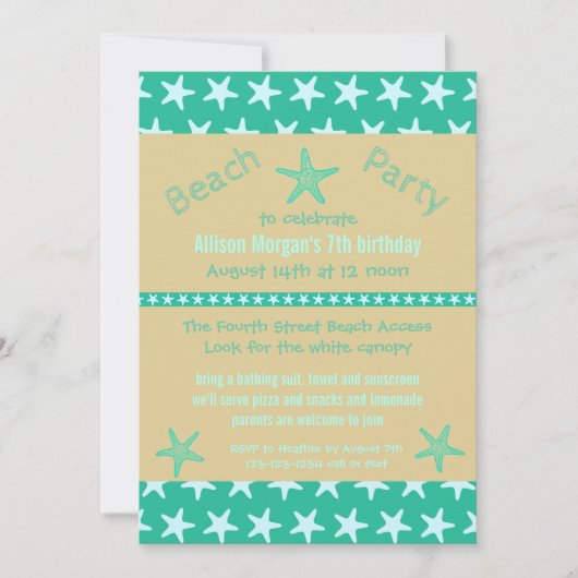 Teal Zeester Strand - Verjaardagsfeest Uitnodiging (Voorkant)