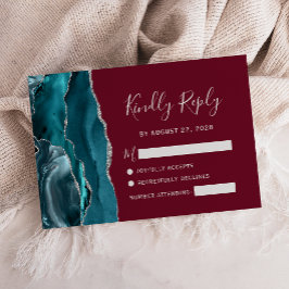 Teal Zilver Agaat Burgundy Bruiloft RSVP Kaartje