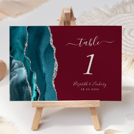 Teal Zilver Agate Burgundy Trouw Tafel Nummer Kaart