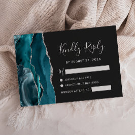 Teal Zilver Agate Donkere Bruiloft RSVP Kaartje
