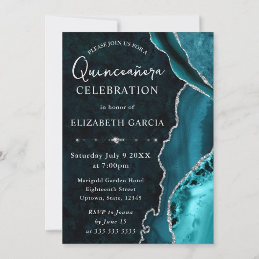 Teal & Zilver Glitter Agate Quinceanera Kaart (Voorkant)