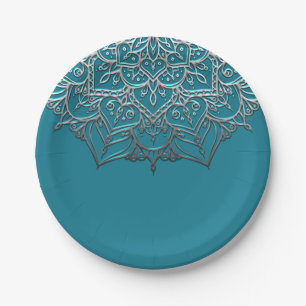 Teal & Zilver Mandala Elegant Minimaal Bruiloft Papieren Bordje