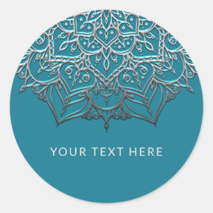 Teal & Zilver Mandala Elegante Minimale Trouwdag Ronde Sticker