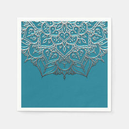 Teal & Zilver Mandala Elegante Minimale Trouwdag Servet