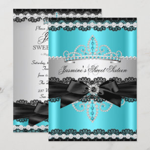 Teal Zilver Zwarte Kant Sweet 16 Verjaardagsfeest Kaart