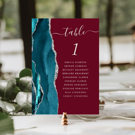 Teal Zilveren Agate Burgundy Bruiloft Tafelnummer