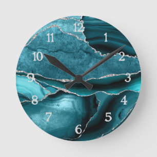 Teal Zilveren Agate Glitter Navy Blauwe Geode Ronde Klok