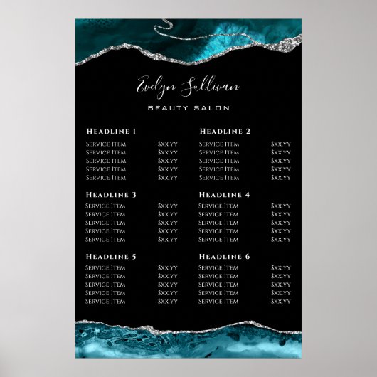 Teal Zilveren Agate Prijslijst Poster (Voorkant)