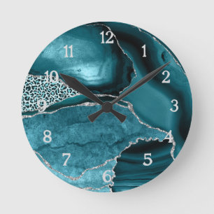 Teal Zilveren Agate Safari Glitter Luipaardprint Ronde Klok