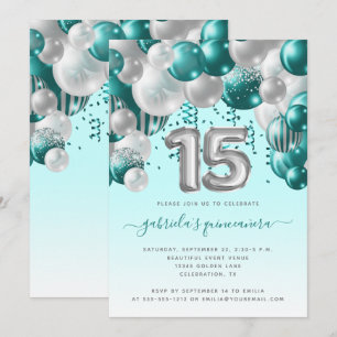 Teal zilveren ballongengalerij Quinceañera Kaart
