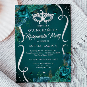 Teal Zilveren Bloemige Scroll Maskerade Quinceaner Folie Uitnodiging
