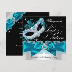 Teal Zilveren Boog Masquerade Sweet Sixteen Uitnod Kaart
