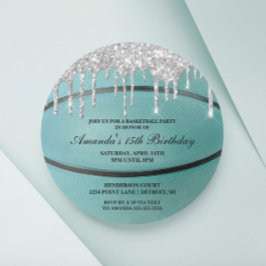 Teal Zilveren Drip Basketbal Uitnodiging