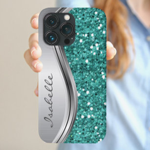 Teal Zilveren Glamour Glitters Persoonlijke Metaal Case-Mate iPhone 14 Hoesje