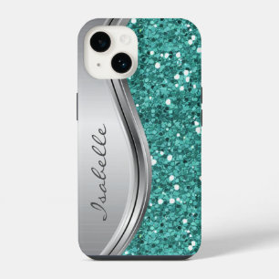 Teal Zilveren Glamour Glitters Persoonlijke Metaal iPhone 14 Hoesje