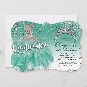 Teal zilveren glitter glamour jurk Quinceañera 15 Kaart