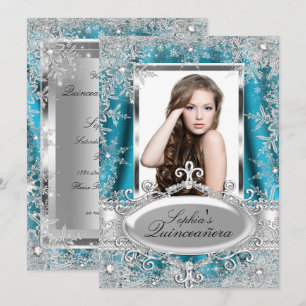 Teal Zilveren Glitterende Sneeuwvlok Quinceanera Kaart