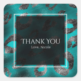 Teal & Zilveren Luipaardprint Feest Favor Vierkante Sticker