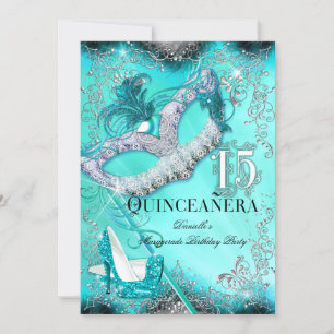 Teal Zilveren Maskerade Quinceanera Verjaardag Kaart