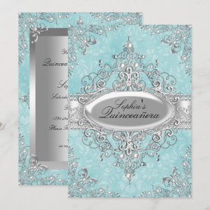 Teal & Zilveren Parel Vintage Glamour Quinceanera Kaart