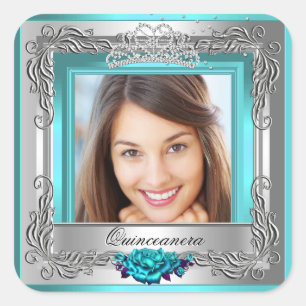 Teal Zilveren Rozen Quinceanera 15e Verjaardag Vierkante Sticker