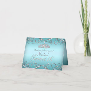 Teal & Zilveren Tiara Sweet 16 Bedankkaart