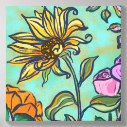 Teal Zonnebloem & Rozen Canvas Wandkunst Fototegel