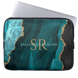 Teal, Zwart en Goud Agaat, DIY Naam & Monogram La Laptop Sleeve